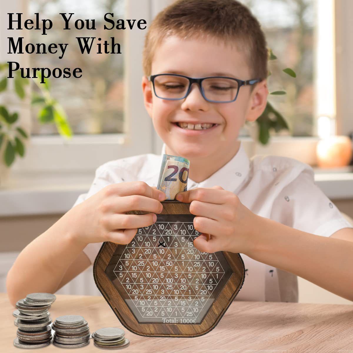 Money Bank Wooden Piggy Bank Hexagonal Money Saving Box Ornament with Digital view 3