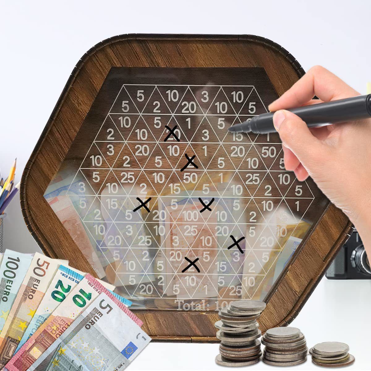 Money Bank Wooden Piggy Bank Hexagonal Money Saving Box Ornament with Digital view 4