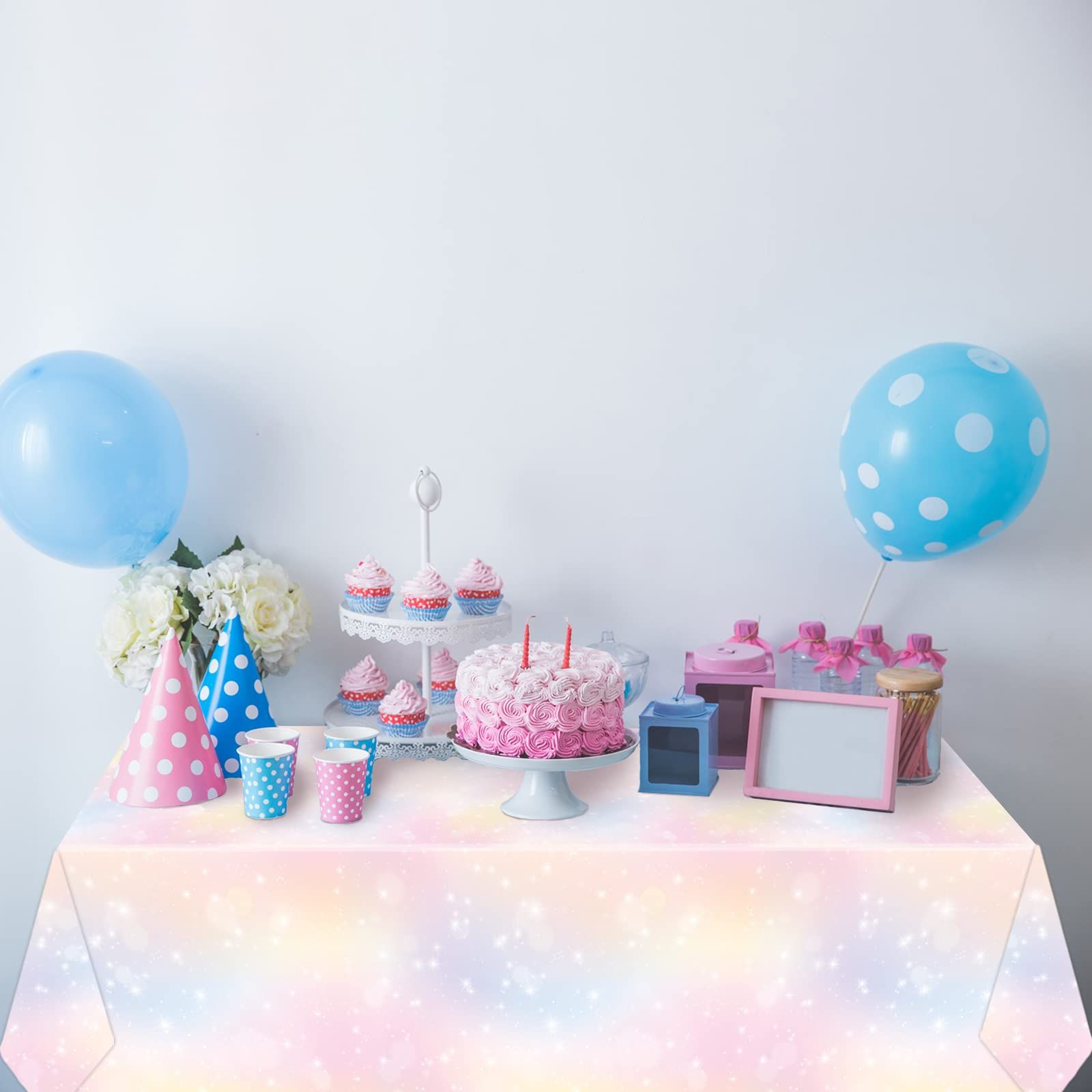 Rainbow birthday party decoration with colorful rainbow tablecloth view 4
