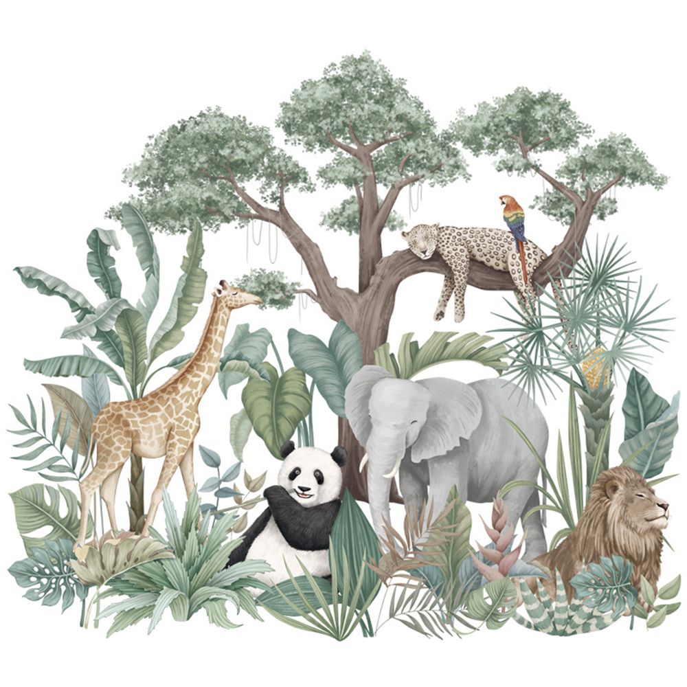 Tropical Rainforest Plants Tree Wall Stickers Elephant Lion Long Neck Deer