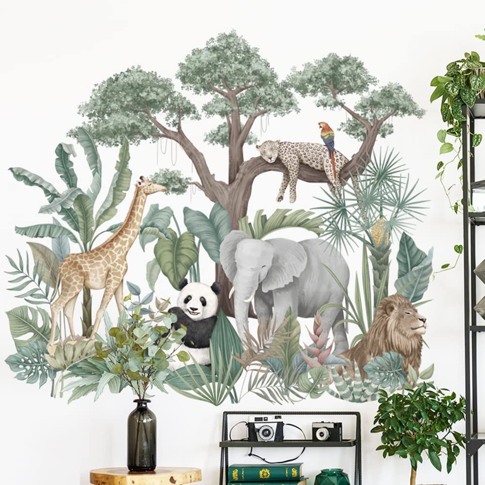 Tropical Rainforest Plants Tree Wall Stickers Elephant Lion Long Neck Deer view 2