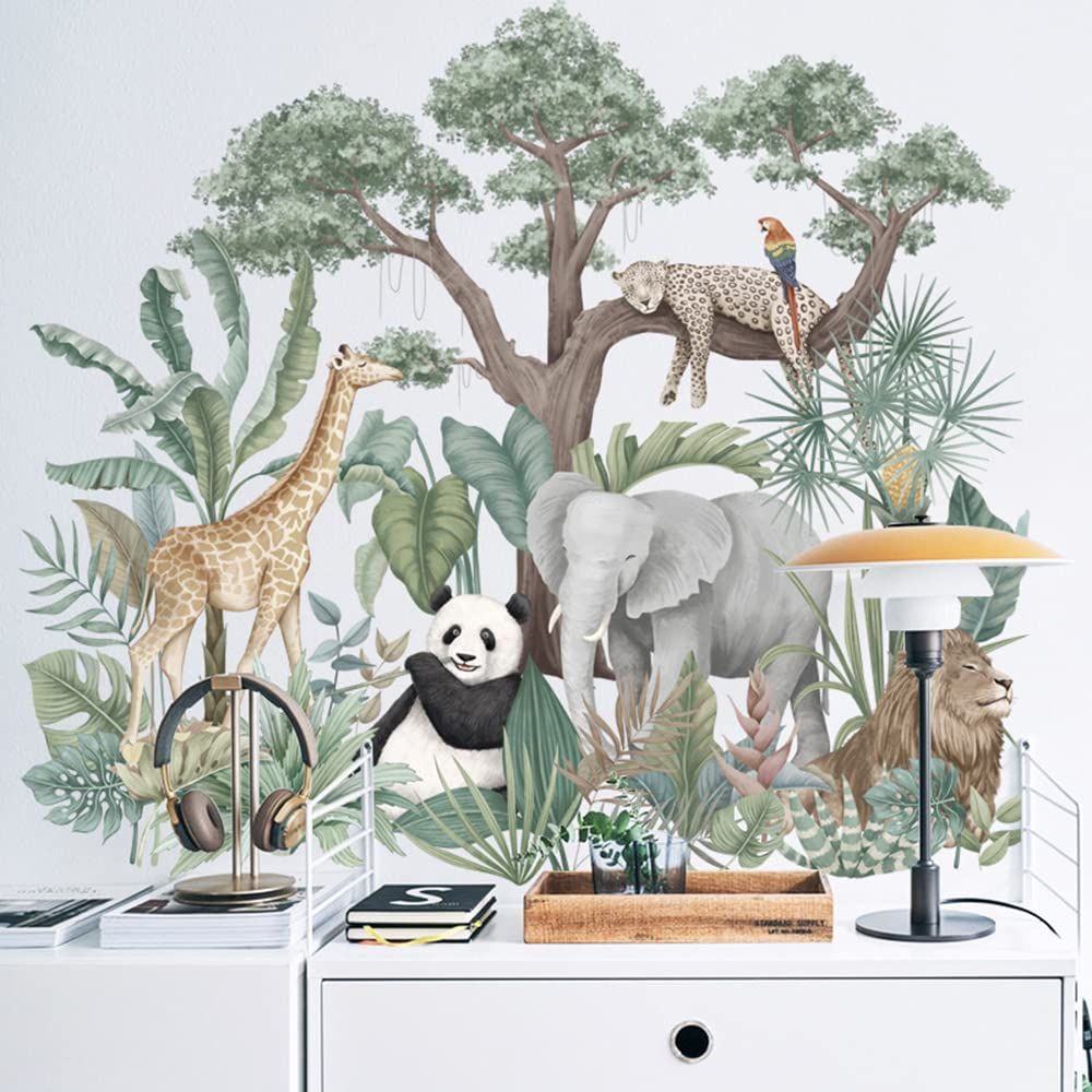 Tropical Rainforest Plants Tree Wall Stickers Elephant Lion Long Neck Deer view 3