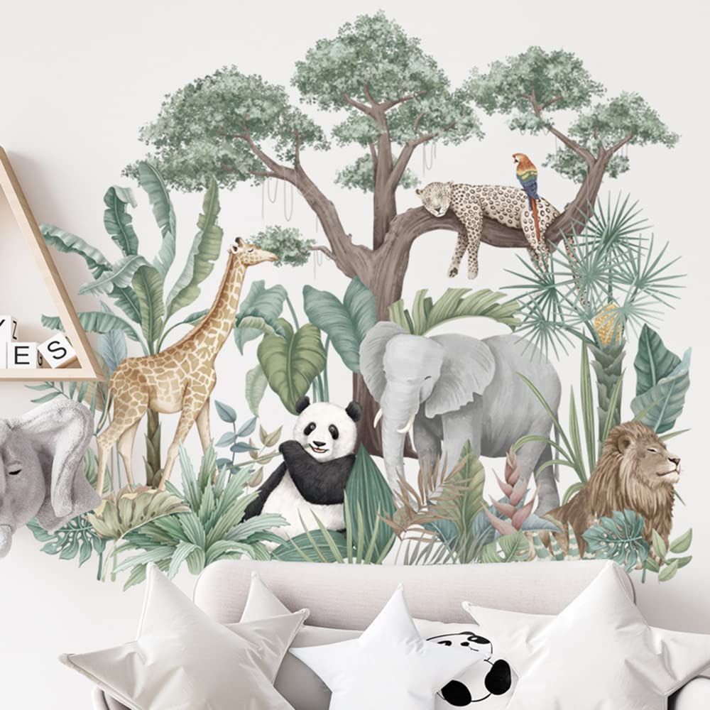 Tropical Rainforest Plants Tree Wall Stickers Elephant Lion Long Neck Deer view 4