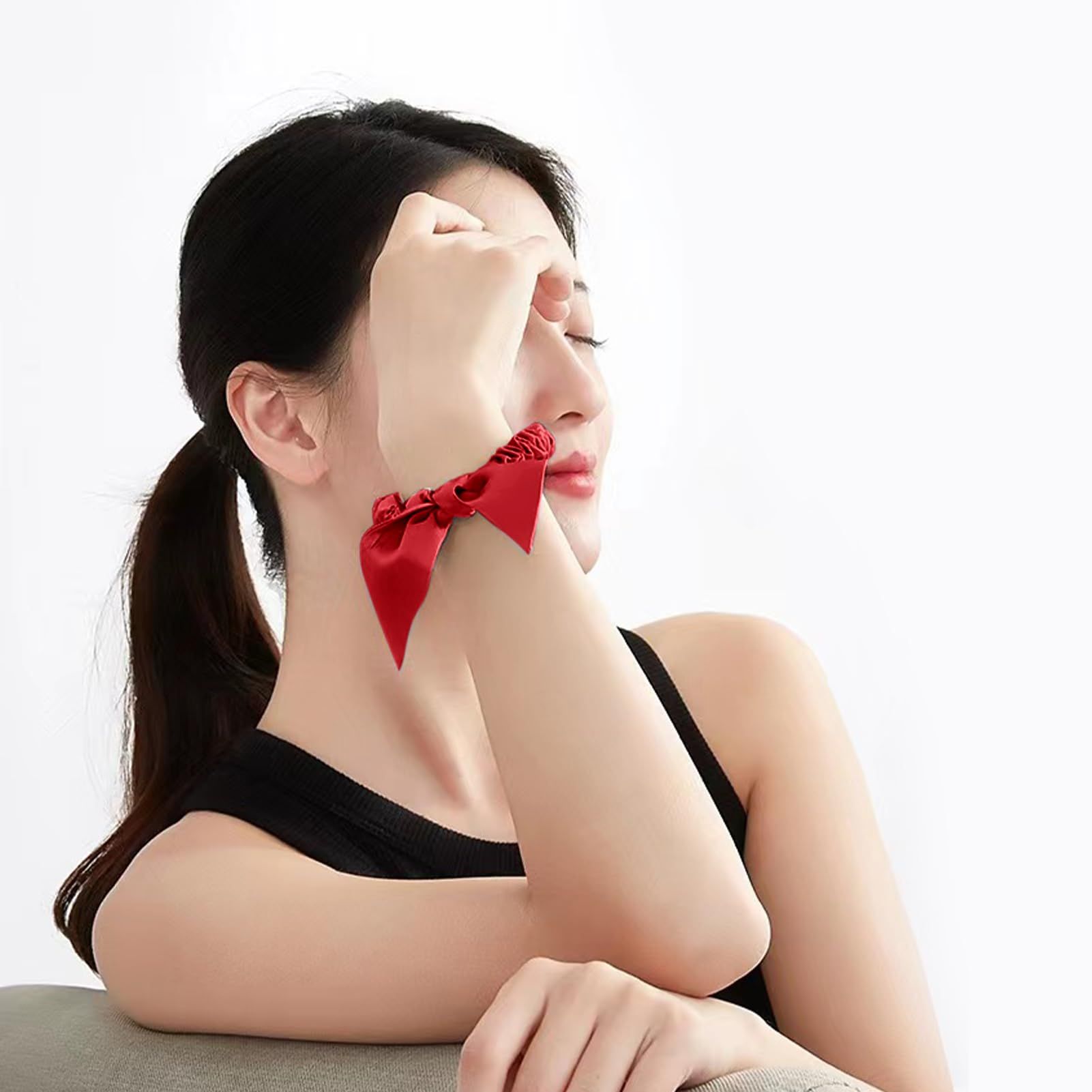 Hair Silk Scrunchies with Bow for Women Pure Mulberry Silk Hair Cute Ring Ties view 4