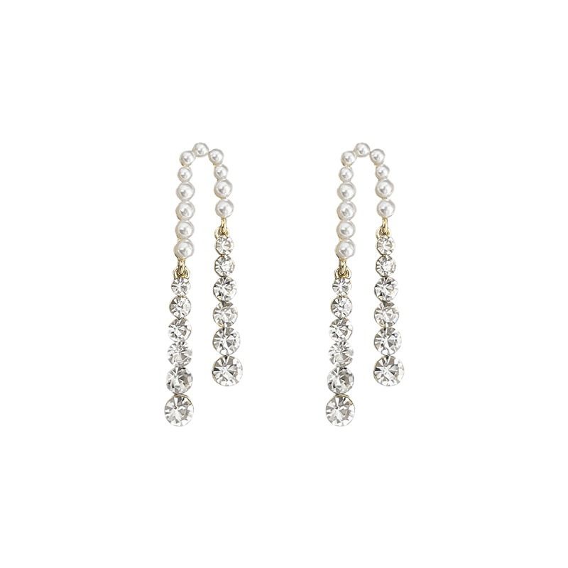 Crystal Pearl Earrings, Gold Pearl Tassel Earrings, Hanging Accessories, Water — image 1