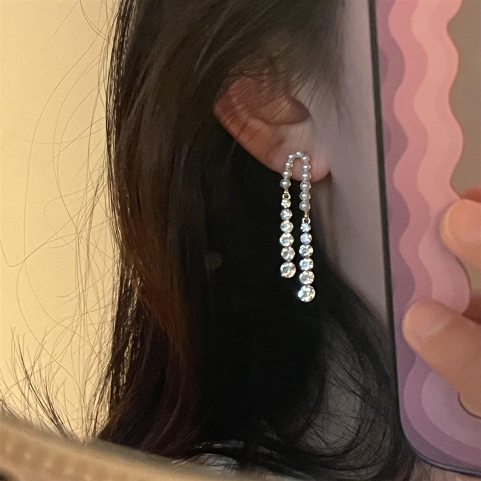 Crystal Pearl Earrings, Gold Pearl Tassel Earrings, Hanging Accessories, Water view 5