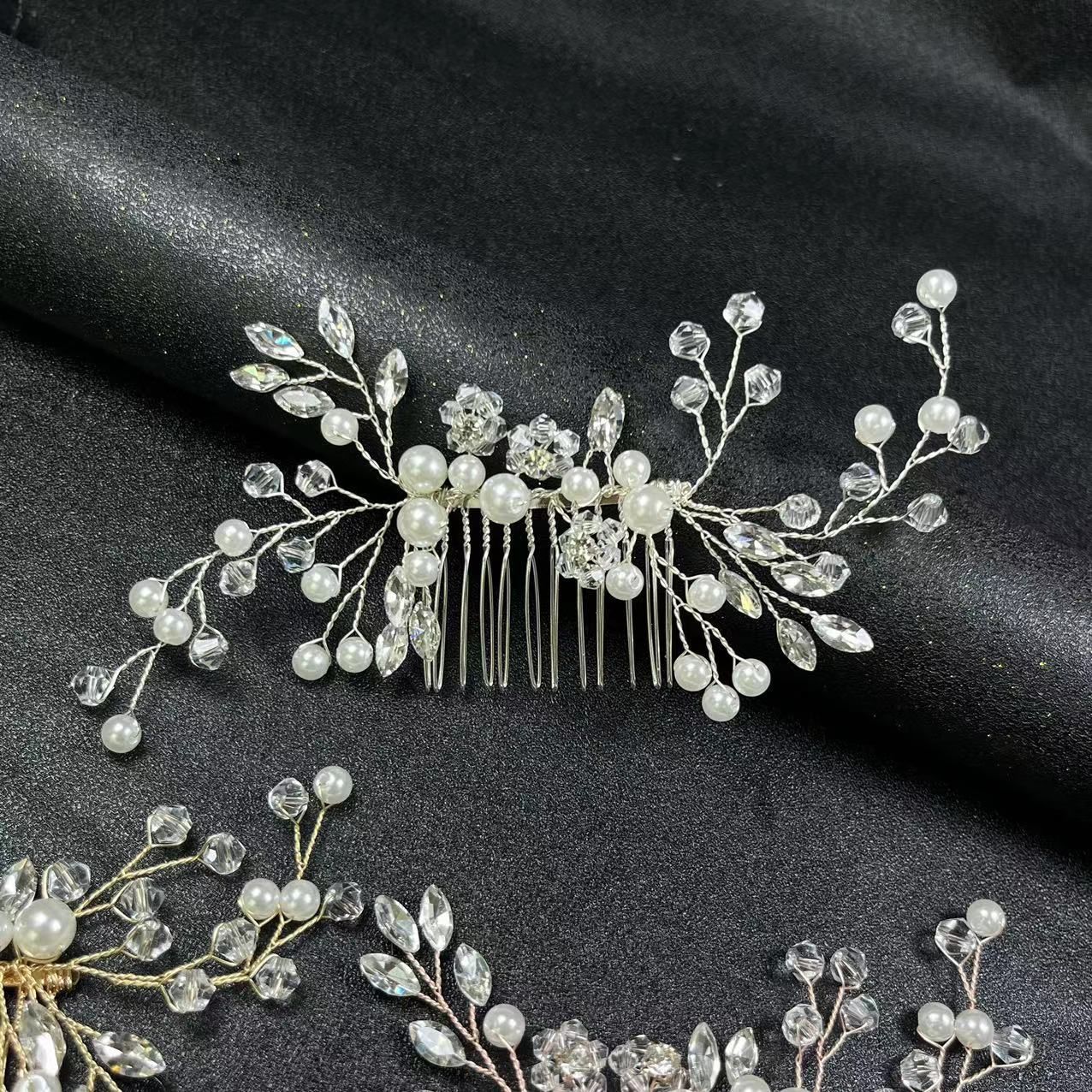 Silver Bridal wedding hair accessories Pearl Hair Comb Crystal Headdress view 2