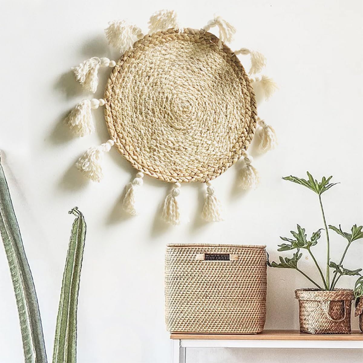 Boho Wall Decor Circle Wall Decor Basket Macrame Wall Hanging Round Straw view 2