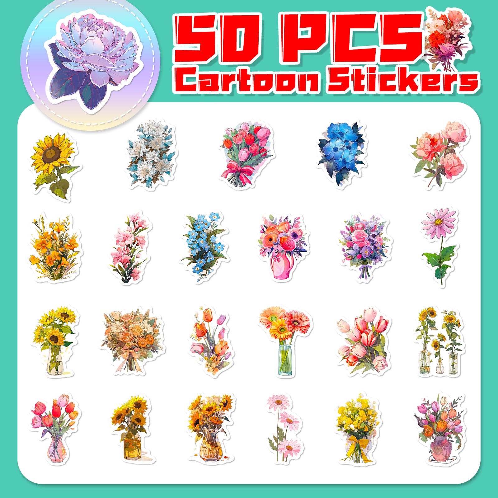 50 PCS Cute Flower Stickers Waterproof Flower Stickers for Water Bottle view 3