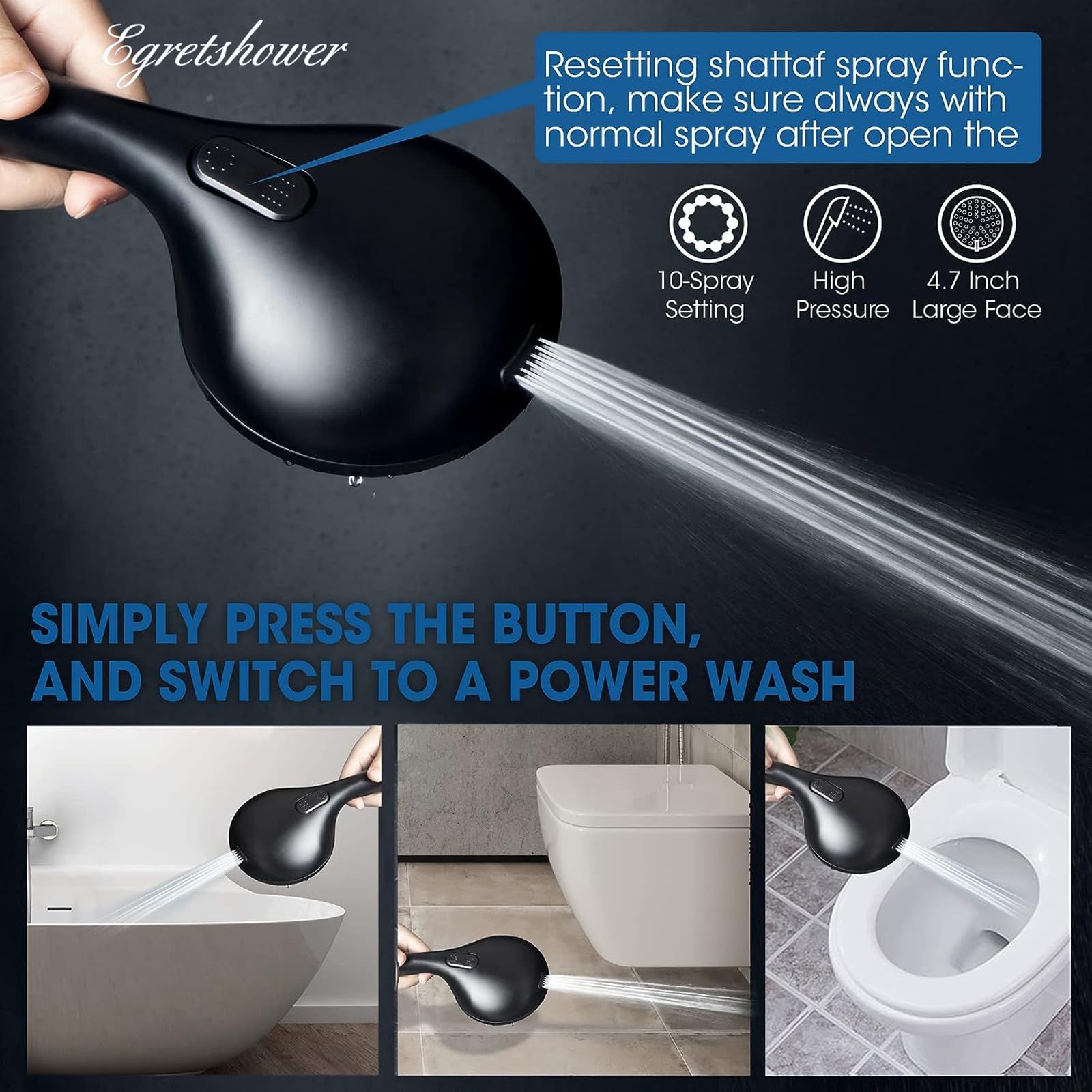 High Pressure 10 Functions Shower Head with handheld view 4