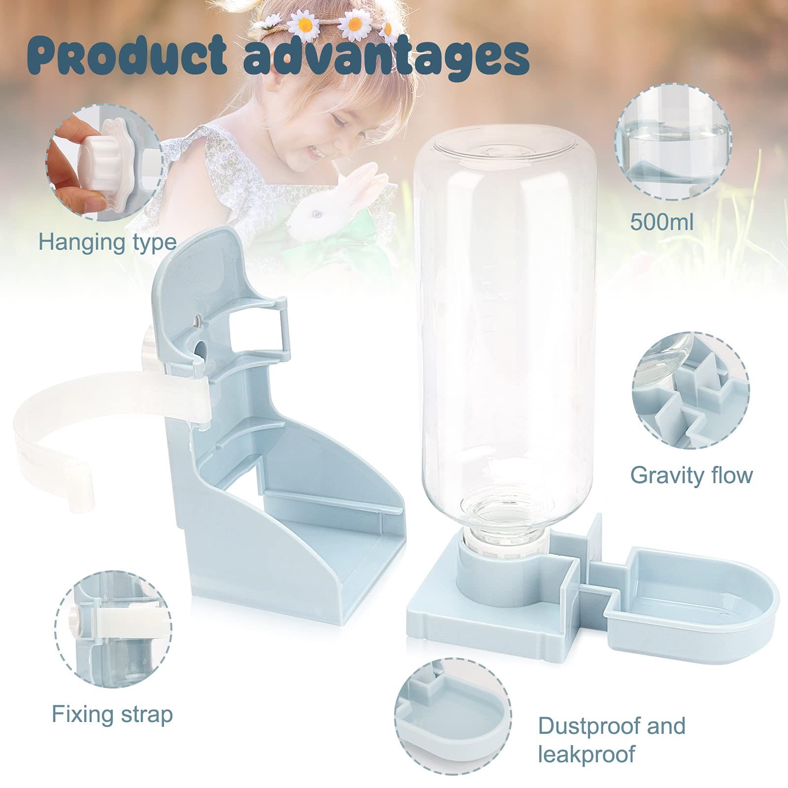 Rabbit Water Bottle No Drip - 17oz Hanging Water Fountain Automatic Dispenser view 4