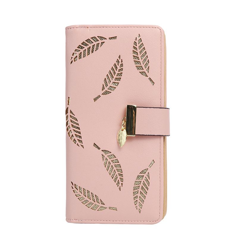 Women's Long Leaf Bifold Wallet Leather Card Holder Purse Zipper Buckle