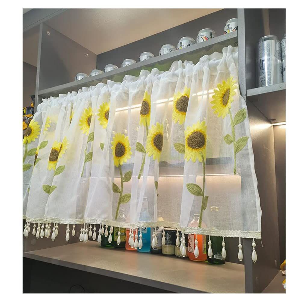 Sunflower embroidered half curtain with beaded edge decoration view 3