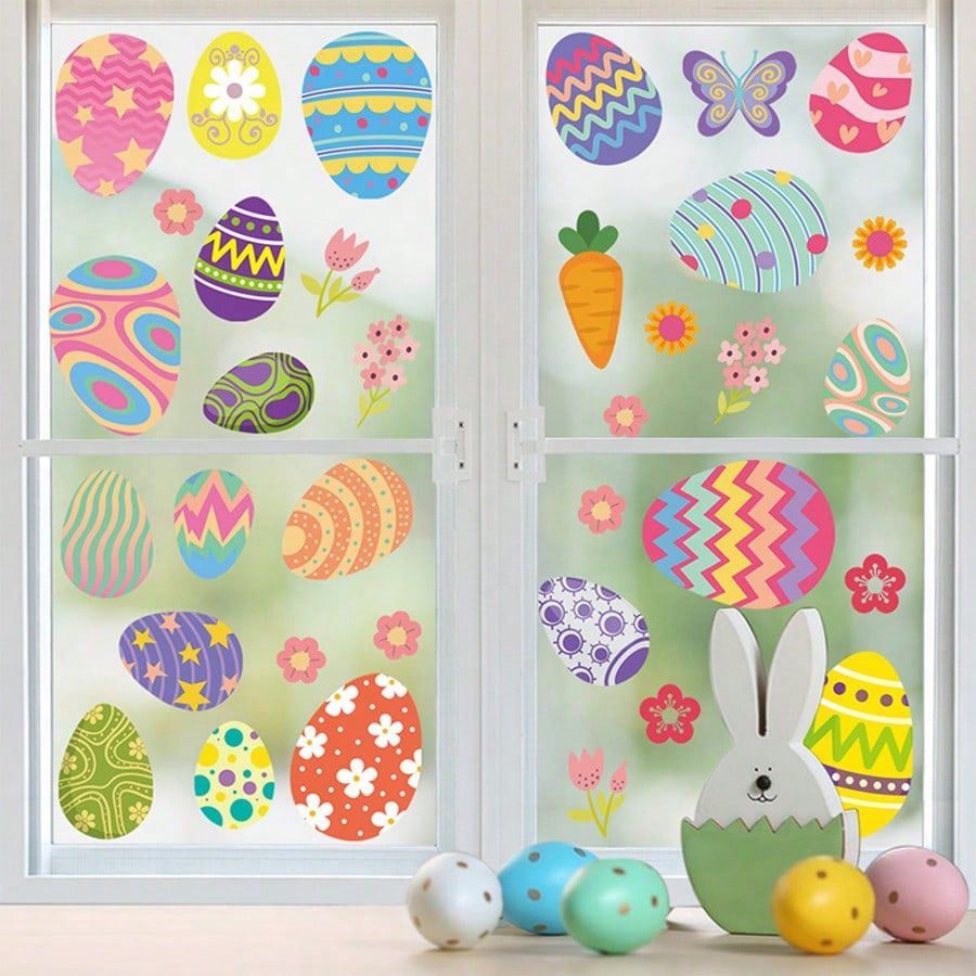Easter Window Clings for Glass – 4 Sheets Easter Eggs Flowers Window Stickers