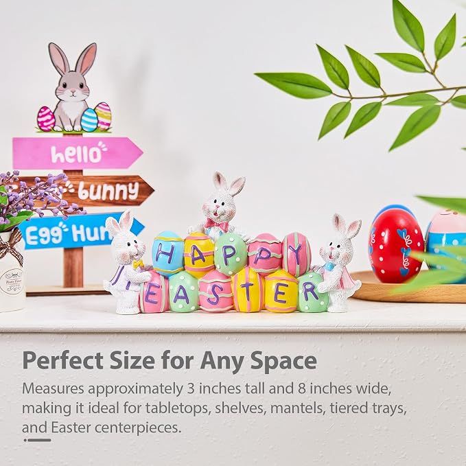 3 Bunny Holding Eggs and Happy Easter Decorations view 3