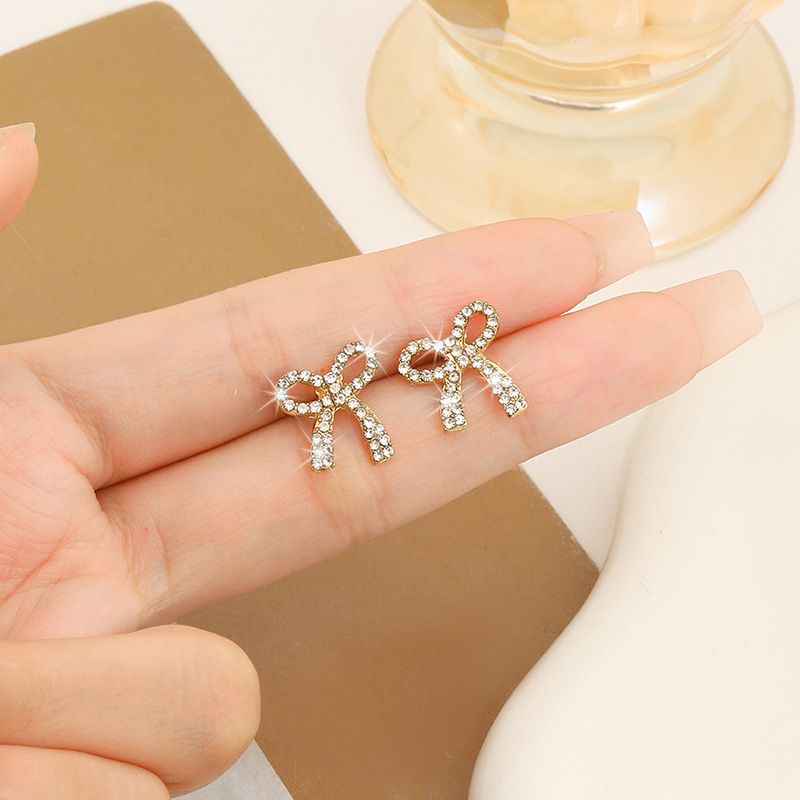 Bow Earrings for Women Pearl Bow Earrings Rhinestone Pearl Pink Bow Earrings view 3