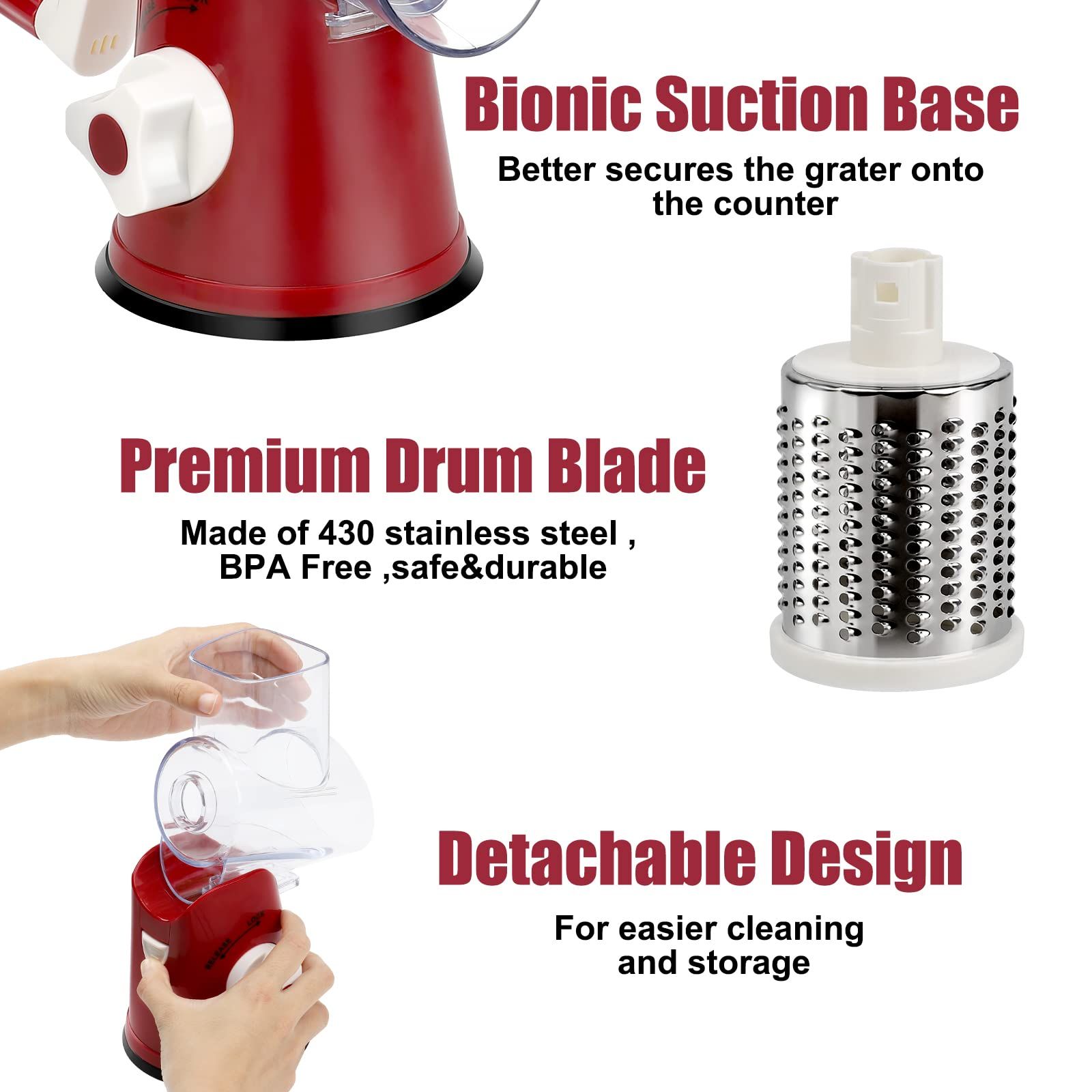 Rotary Cheese Grater - Manual Mandoline Slicer with Non-slip Suction Base