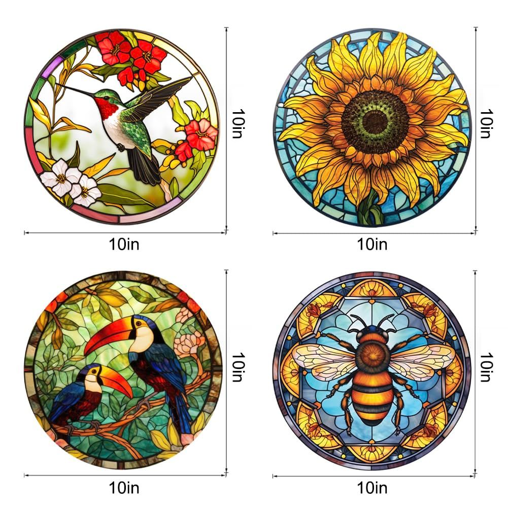 4 Pieces Stained Glass Window Clings Anti-Collision Bird Sunflower Bee Window view 4