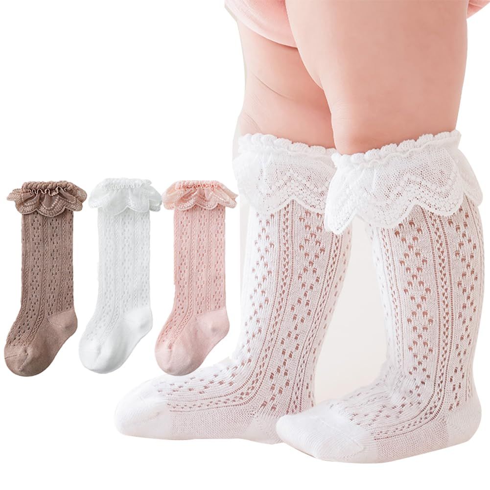 3 pairs Baby Knee High Socks Non Slip Grip Ankle Socks Ruffled Long Stockings view 4