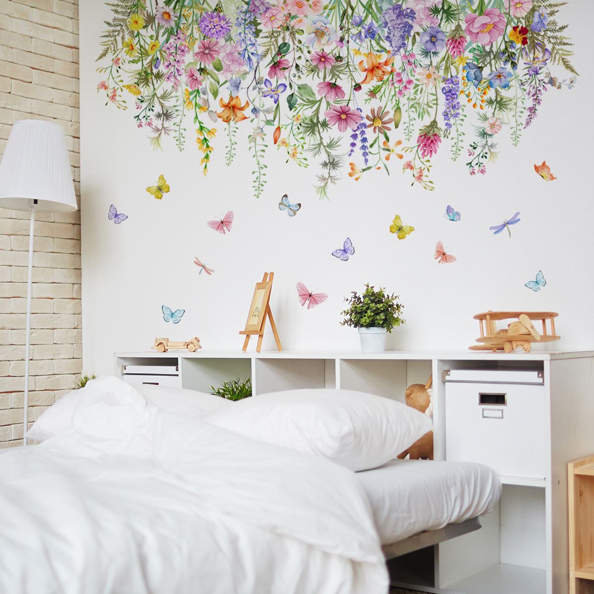 Colorful Floral Wall Decals Wildflowers Flower Wall Stickers Butterfly Green view 2