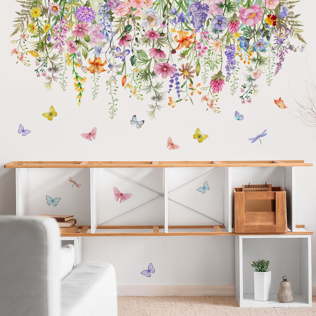 Colorful Floral Wall Decals Wildflowers Flower Wall Stickers Butterfly Green view 3