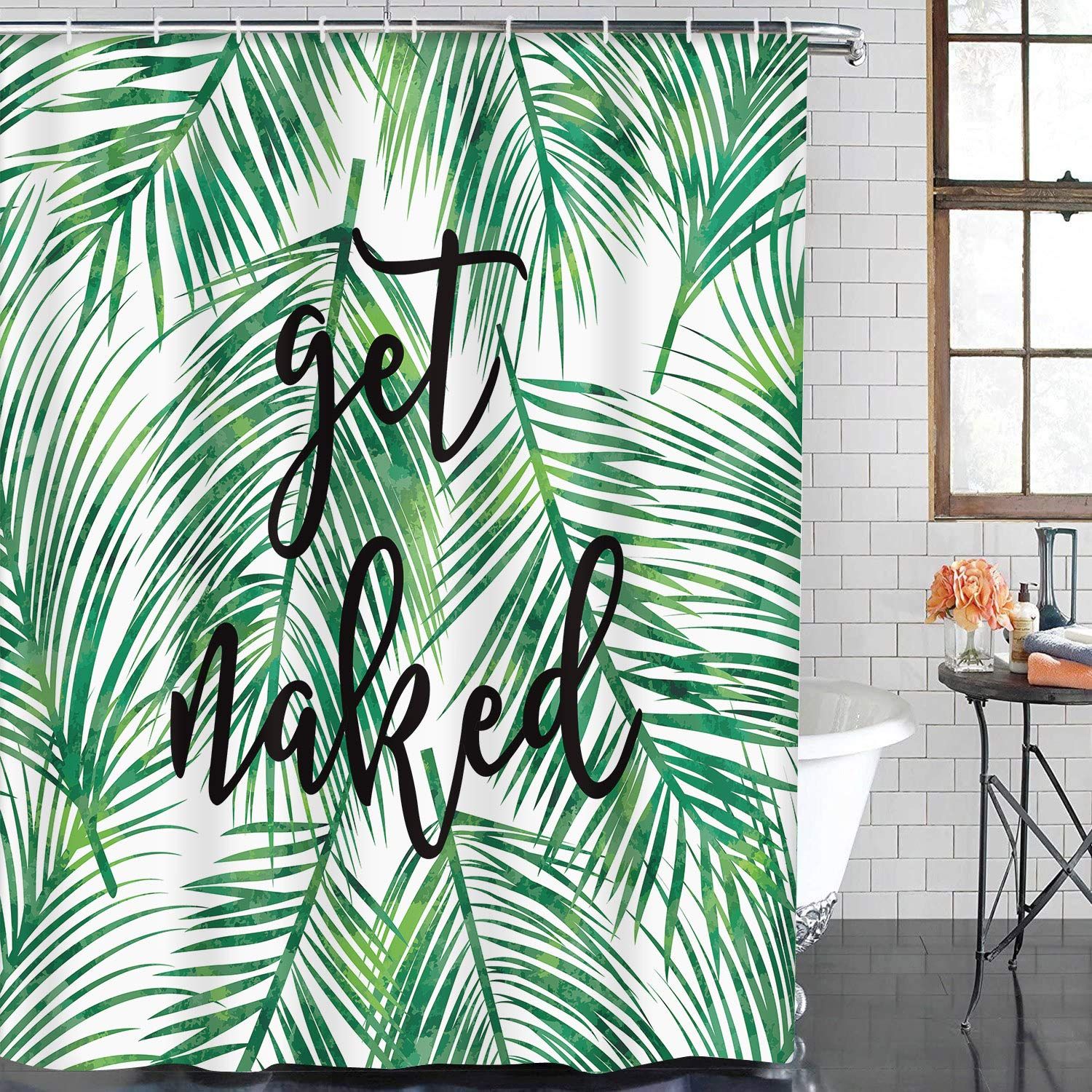 4 Pcs Shower Curtain Set Jungle Tropical Palm Leaves Beach Nature Green Retro view 2