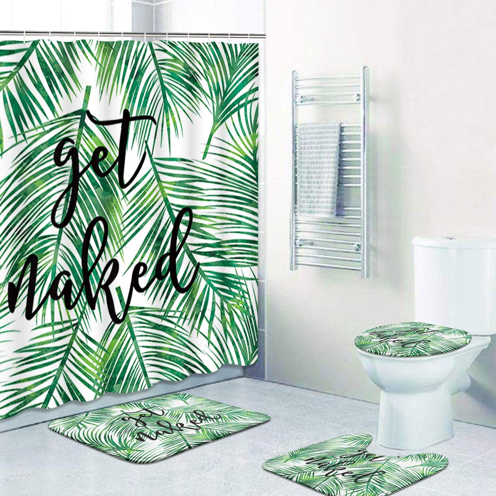 4 Pcs Shower Curtain Set Jungle Tropical Palm Leaves Beach Nature Green Retro view 3