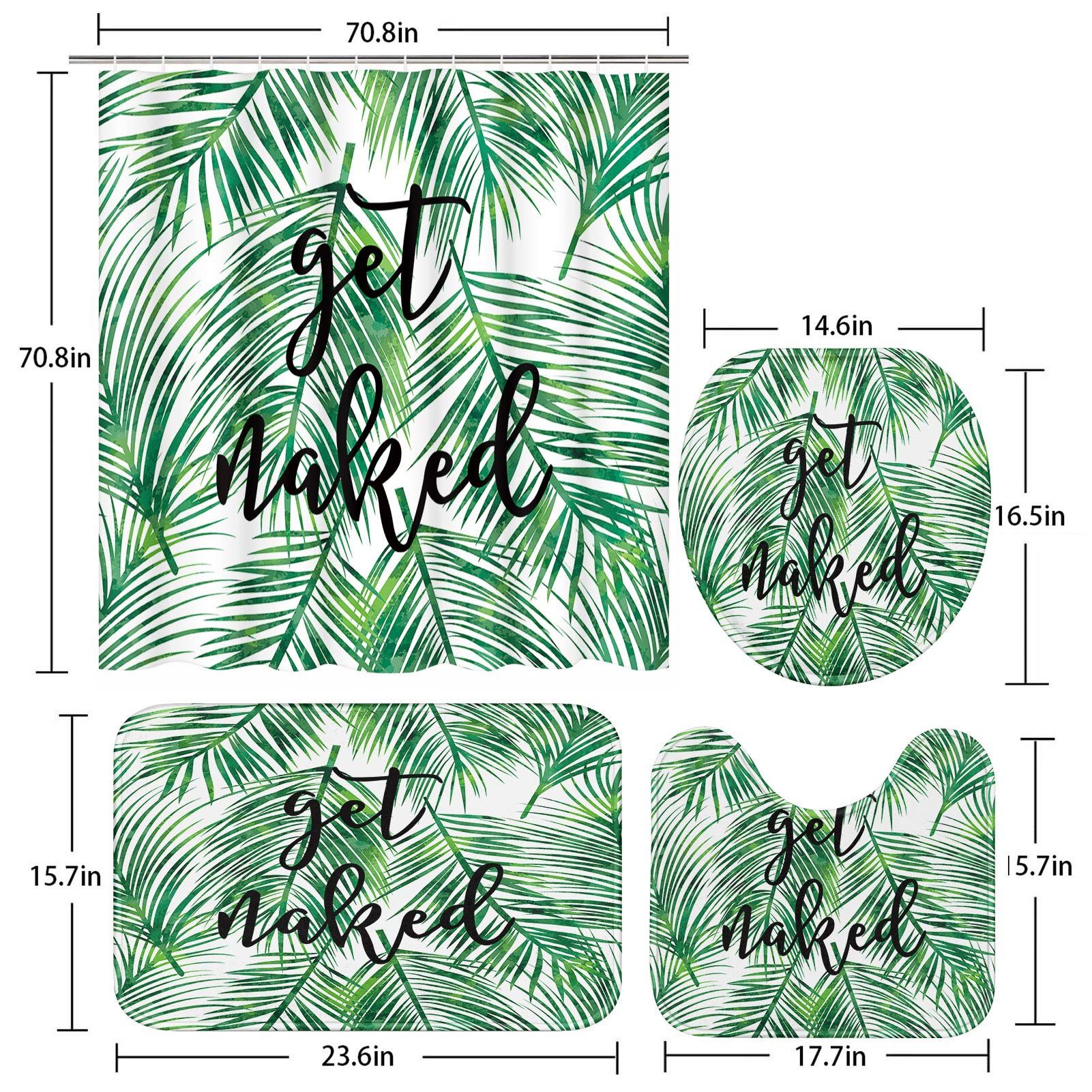 4 Pcs Shower Curtain Set Jungle Tropical Palm Leaves Beach Nature Green Retro view 5
