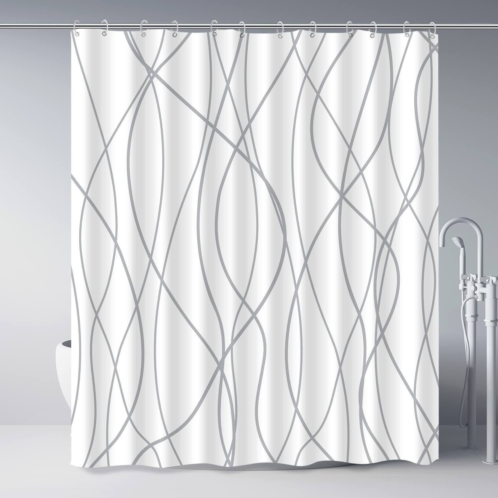 Grey and White Striped Fabric Shower Curtain for Bathroom with 12 Hooks — image 1
