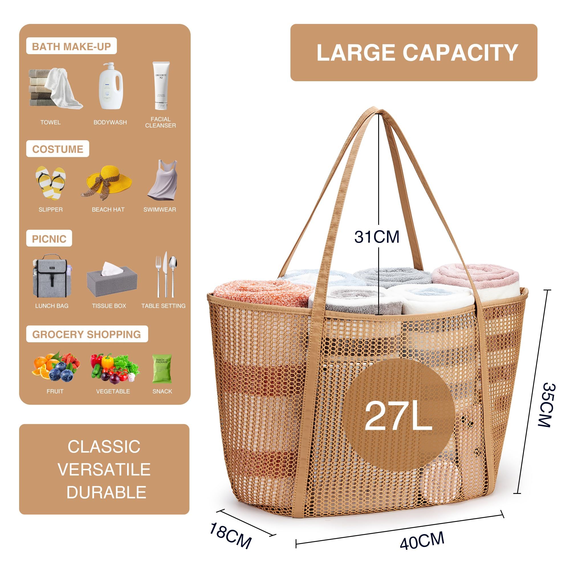 Beach Mesh Tote Bag, Womens Shoulder handbag 27L Grocery Bag Shopping Bag view 4