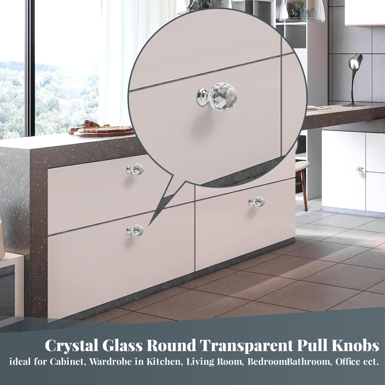6pcs Clear Crystal Glass Door Knobs Round Diamond Wardrobe Doorknob Ball-Shape view 2