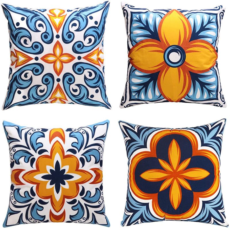 Floral Throw Pillow Covers 18x18 inch Set of 4 Orange Blue Spanish Pillow — image 1