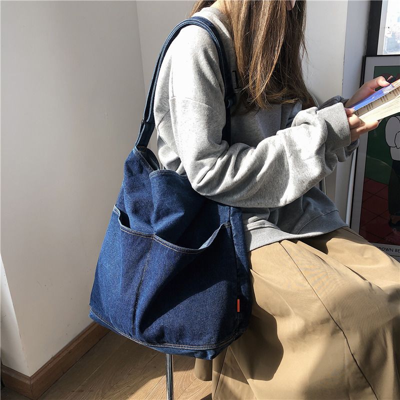 Denim Shoulder Bag Canvas Messenger Bag for Women Men Tote Bag Casual Retro view 3