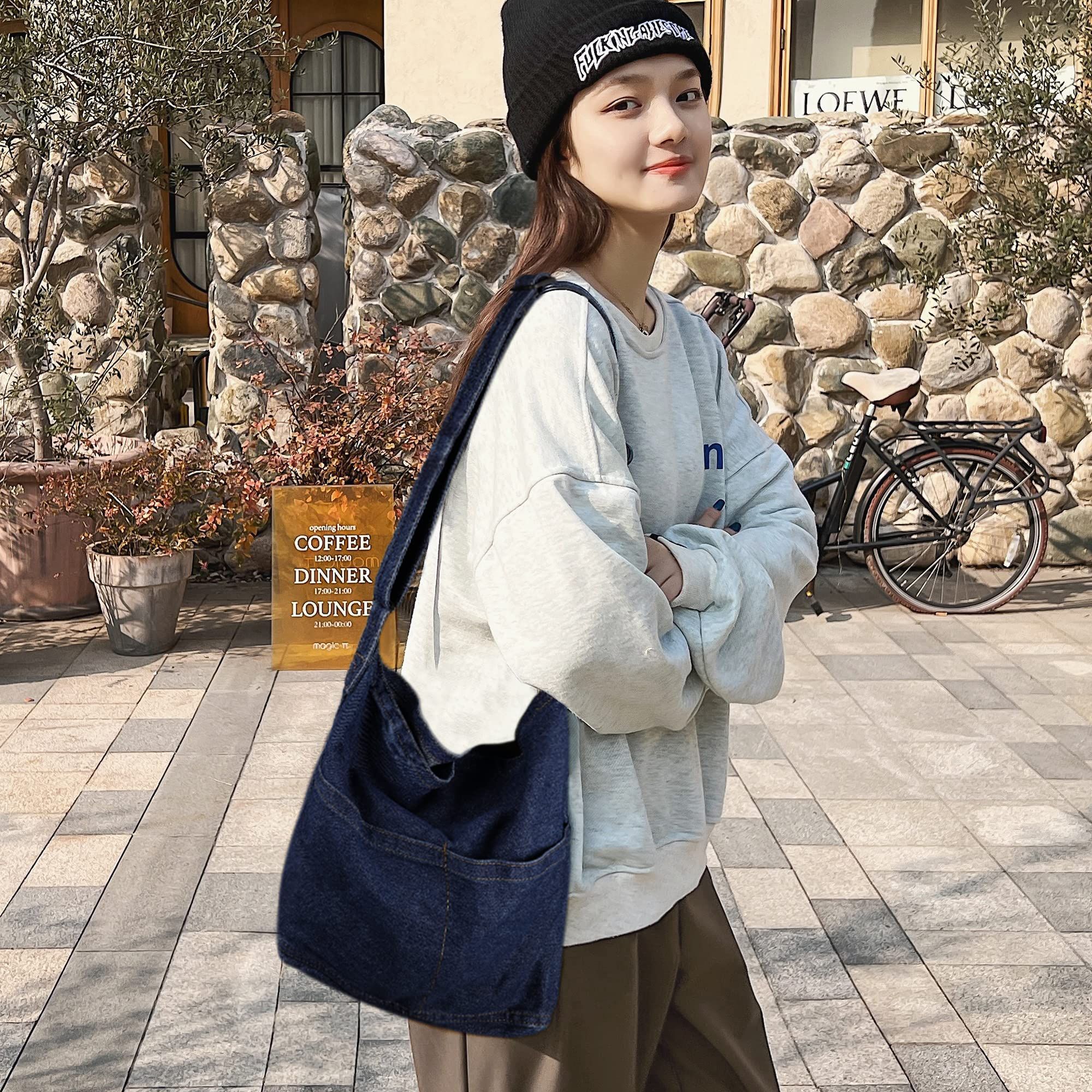 Denim Shoulder Bag Canvas Messenger Bag for Women Men Tote Bag Casual Retro view 5