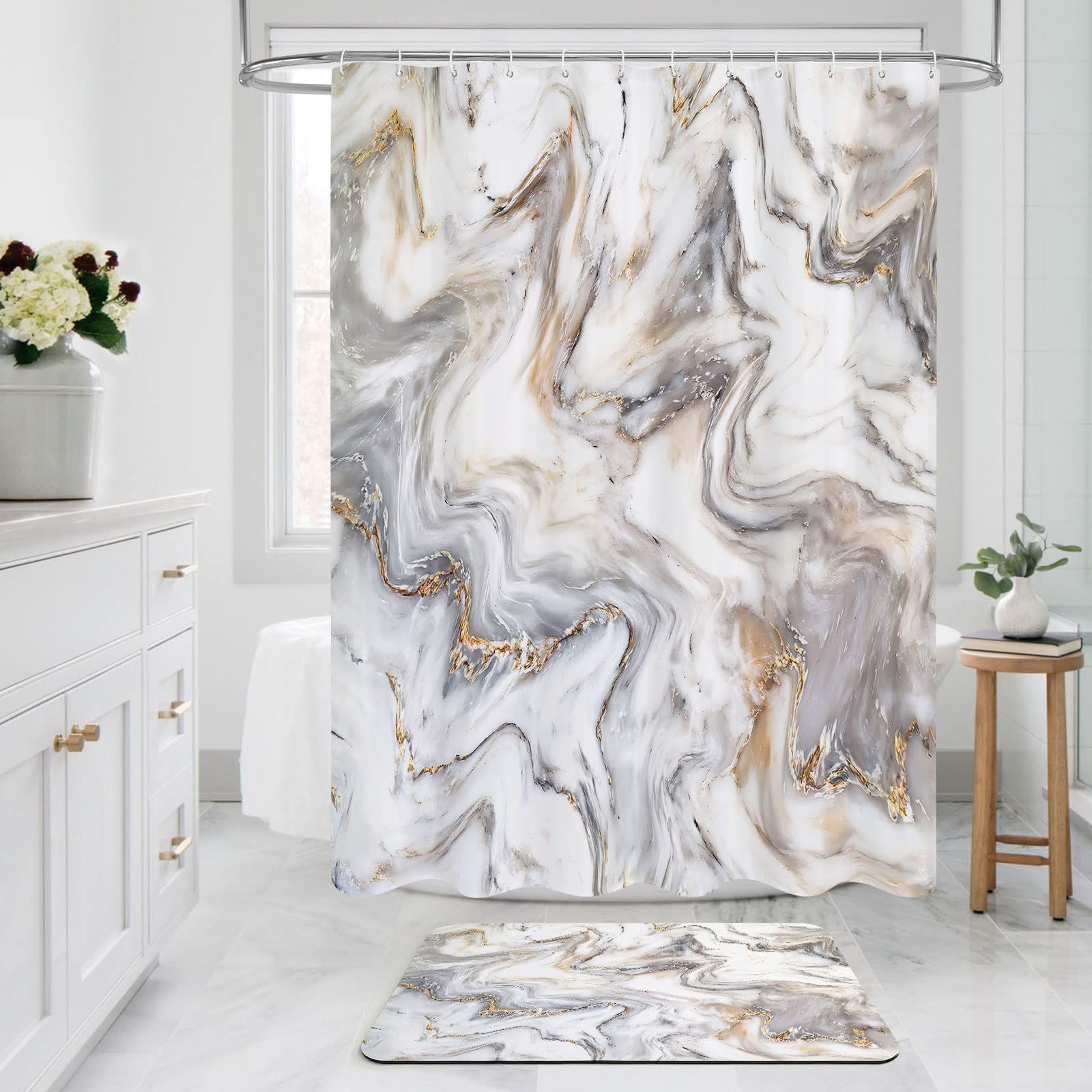 Grey Gold Marble Shower Curtain Set view 2