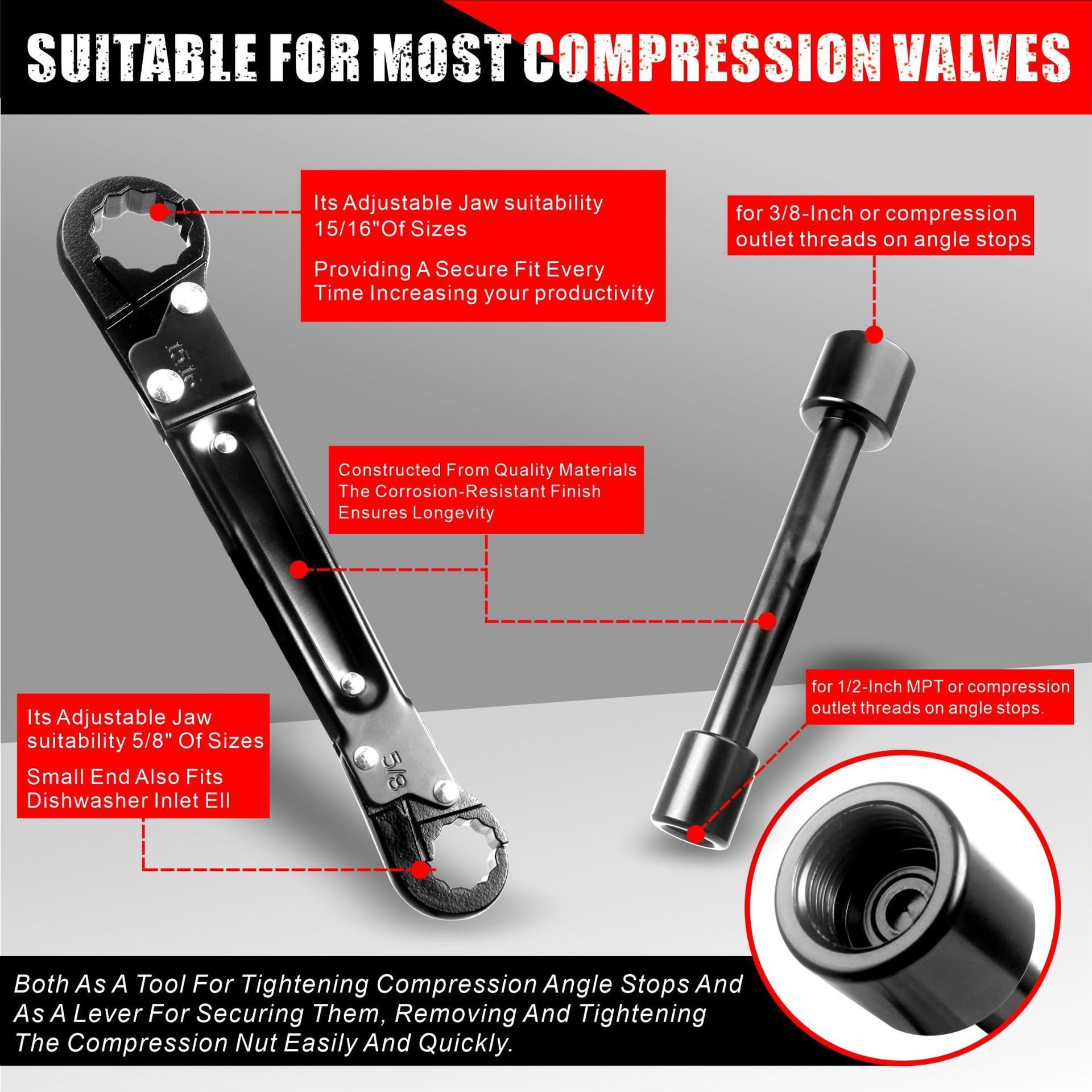 Plumbing Tools, Dual Wrench Kit,Angle Stop Wrench, Plumbing Wrench. view 3