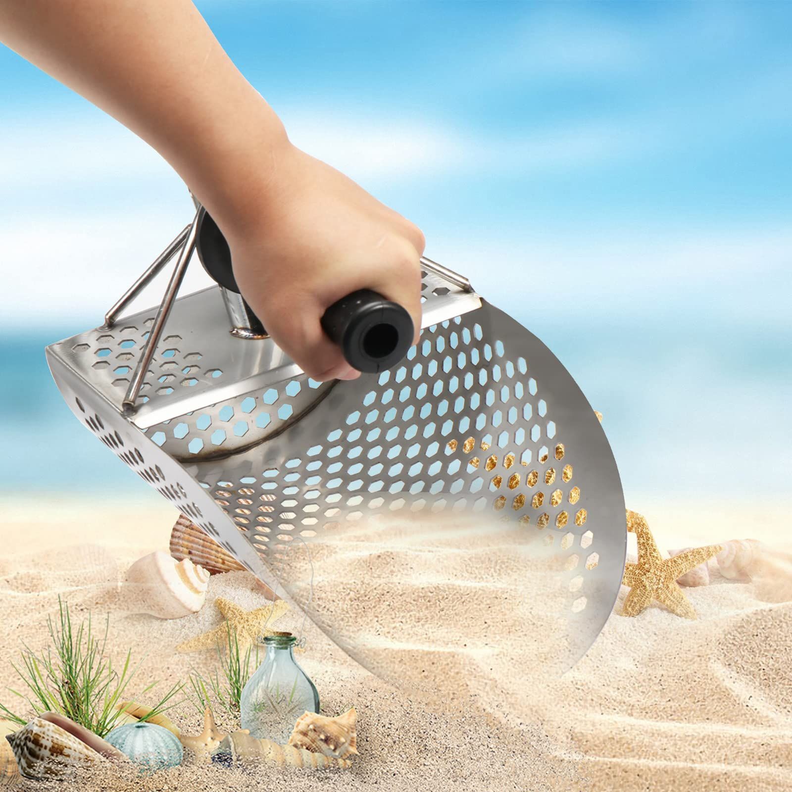 Beach Sand Scoop with Extra Handle Metal Detecting Tool Stainless Steel Water view 3