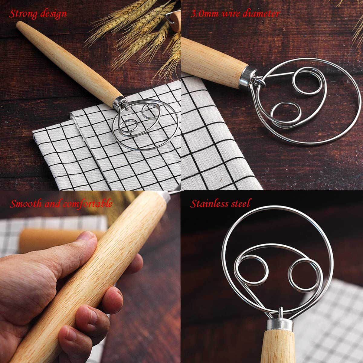 Danish Dough Whisk, Stainless Steel Dutch Style Hand Bread Mixer Dough Whisk view 2