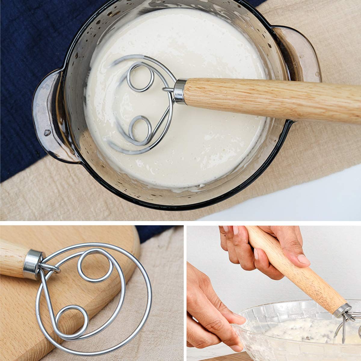 Danish Dough Whisk, Stainless Steel Dutch Style Hand Bread Mixer Dough Whisk view 3