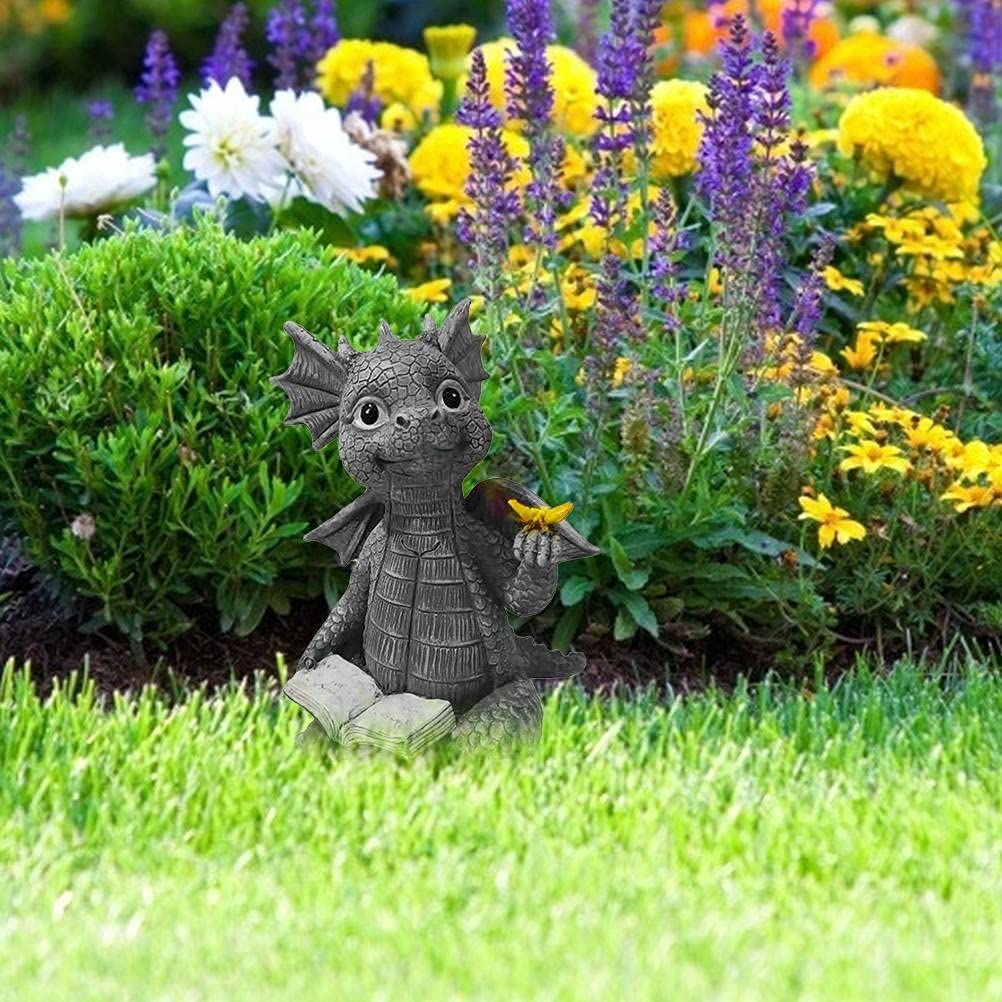 Dragon Statue, Baby Dragon Reading Book Statue, Dinosaur Holding Butterfly view 4