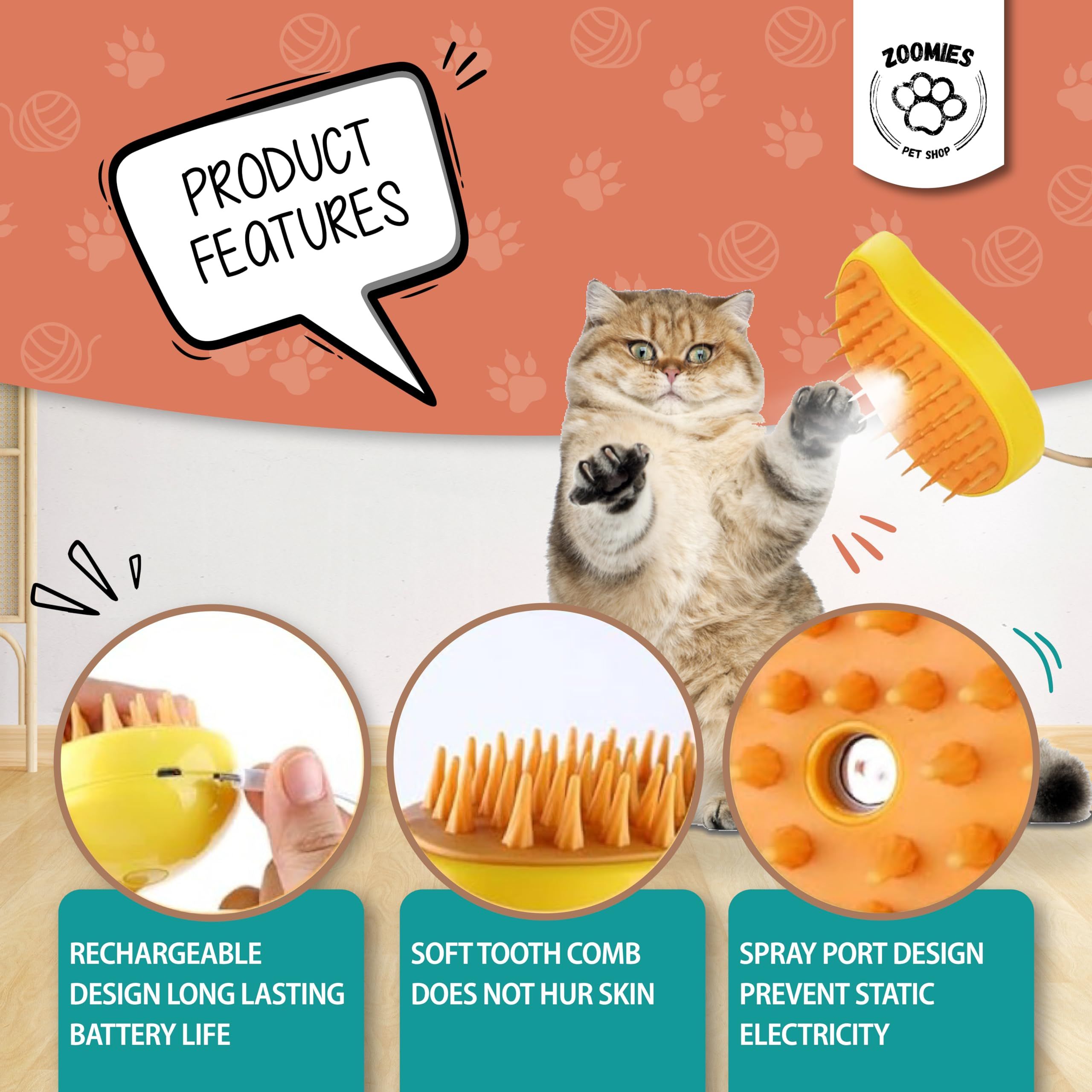 Cat Steam Brush,Cat Dog Pet Spray Massaging Comb One Button Spray, Flyaway view 5