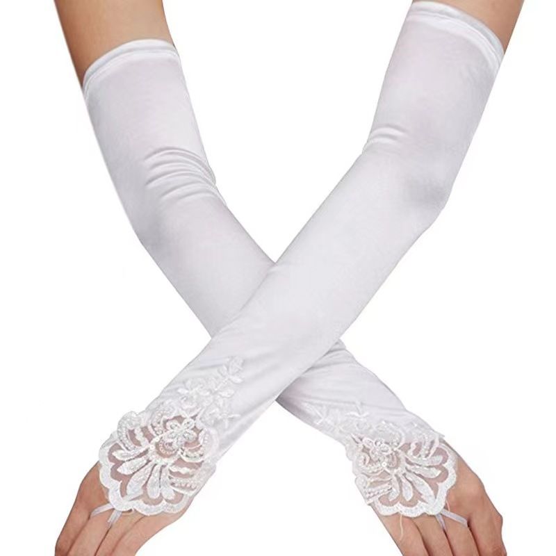 Fingerless Long Gloves Pierced Elbow Length Satin Gloves 19 Inches Stretchy — image 1