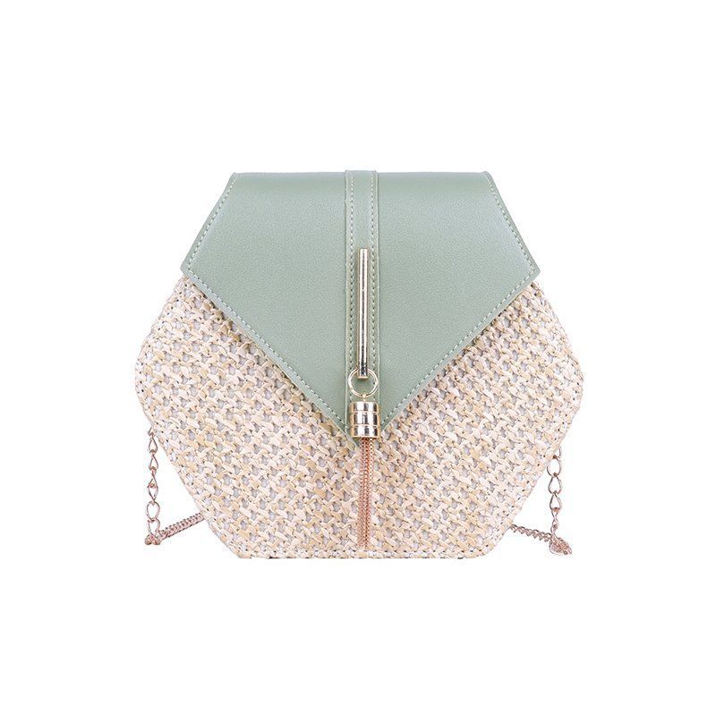 Summer Straw Bag Women Hexagon Chain Crossbody Bag Handmade Woven Shoulder Bag view 2