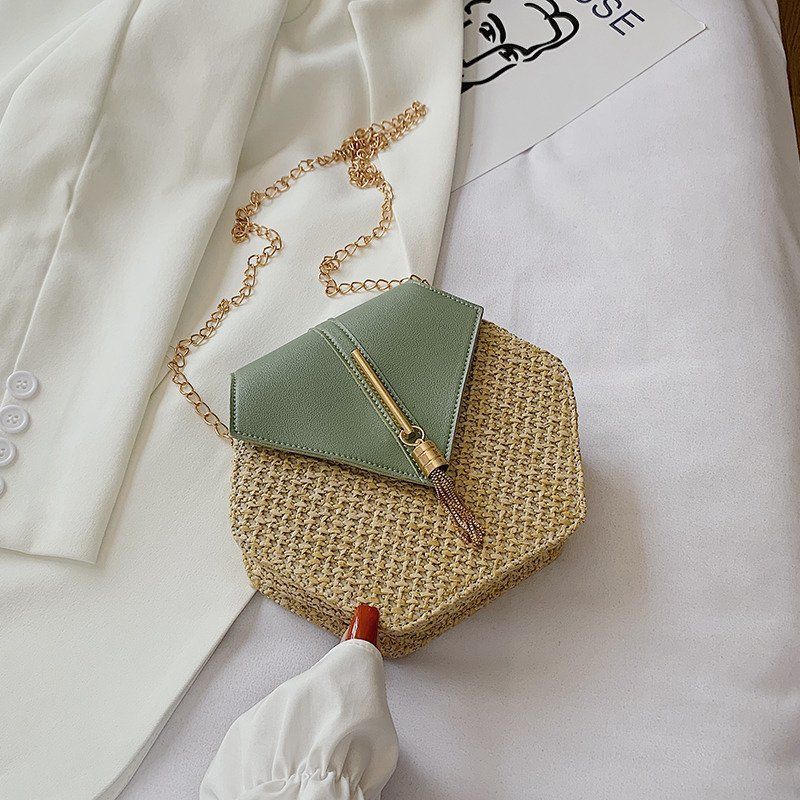 Summer Straw Bag Women Hexagon Chain Crossbody Bag Handmade Woven Shoulder Bag view 3