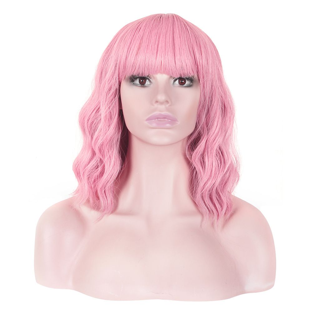 Pink Wig Short Curly Wig with Bangs Light Pink Wig for Women Short Wave Wig — image 1