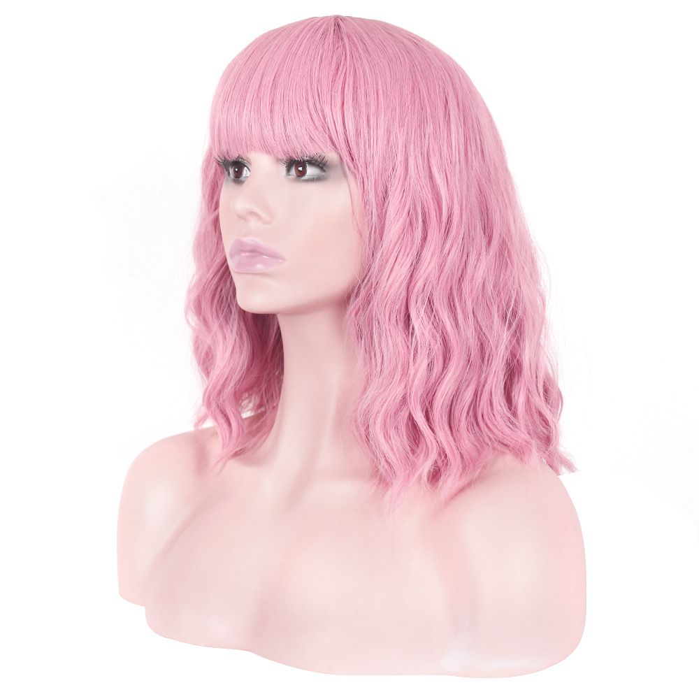 Pink Wig Short Curly Wig with Bangs Light Pink Wig for Women Short Wave Wig view 4