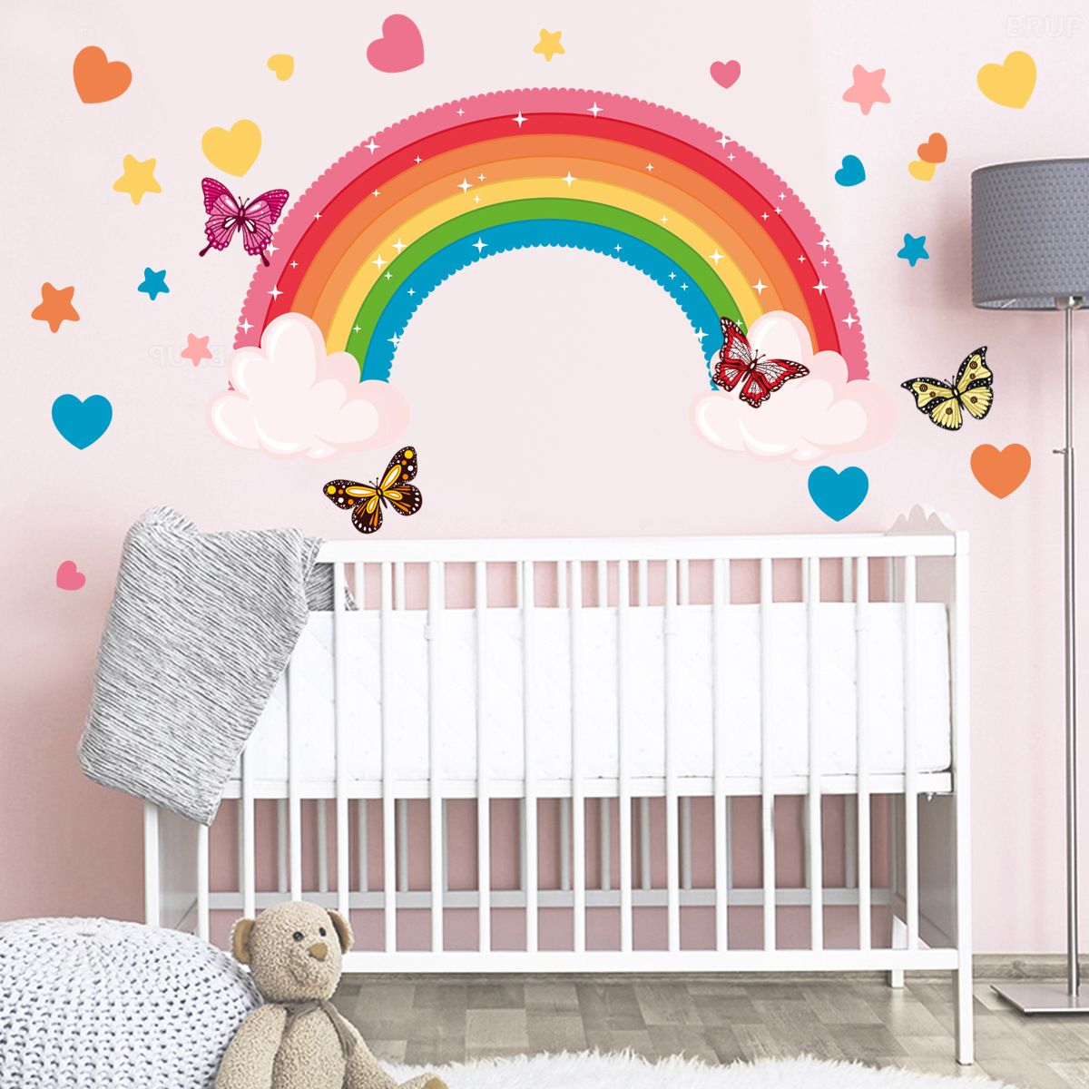 Rainbow Wall Sticker Colorful Butterfly Rabbit Elephant Animal Rainbow Cloud