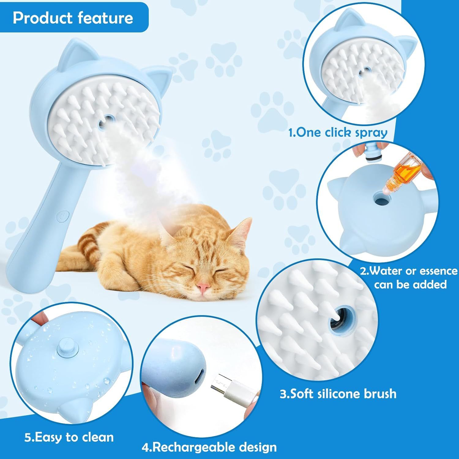 Steam Brush for Cats, Cute Cat Grooming Comb with Steam, Self Cleaning Misting view 2
