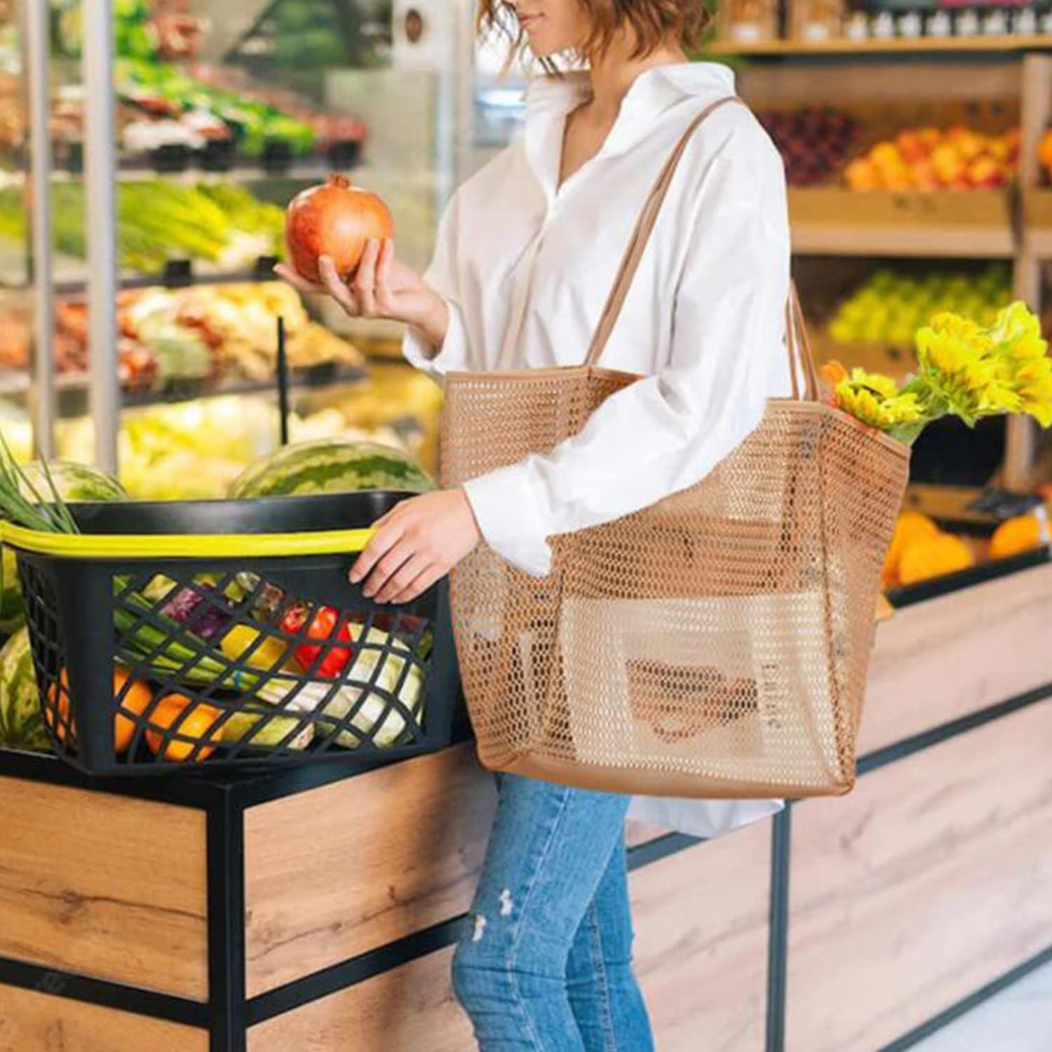 Summer Mesh Beach Tote Bag with Zip Inner Pocket Large Capacity Womens view 4