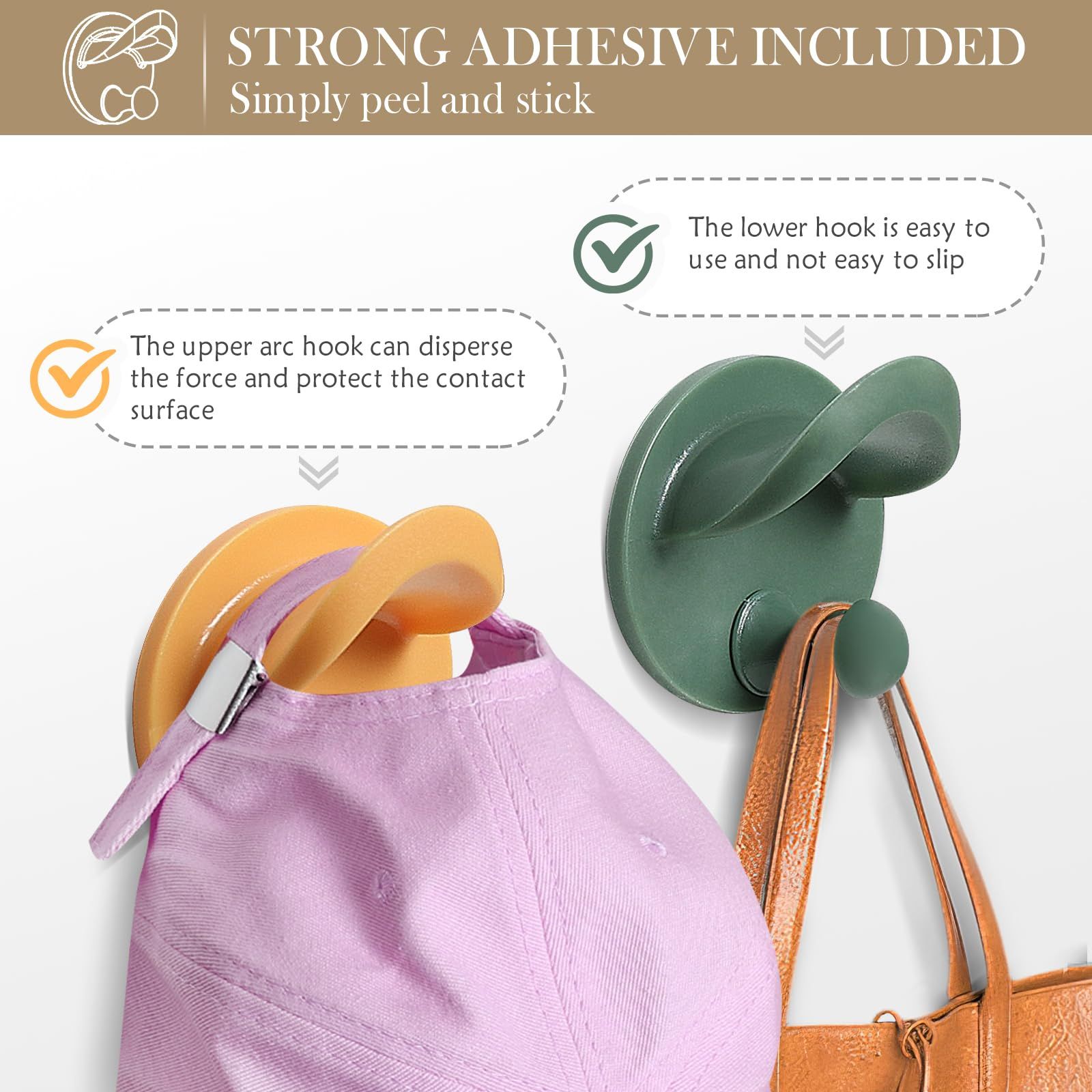 Adhesive Hat Hooks for Wall - [4 Pack] 2-in-1 Cowboy Hat Rack for Baseball Caps
